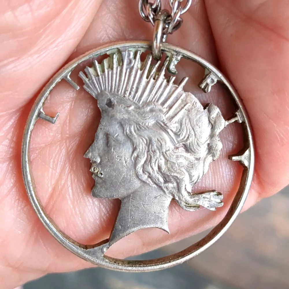 VTG 60s Silver Liberty Dollar Necklace, Pendant Custom Cut Out Head Authentic - Picture 5 of 6